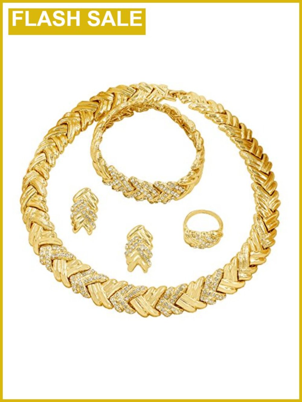 Gold Plated Crystal Wheat Necklace Earrings Ring Bracelet Jewelry Set